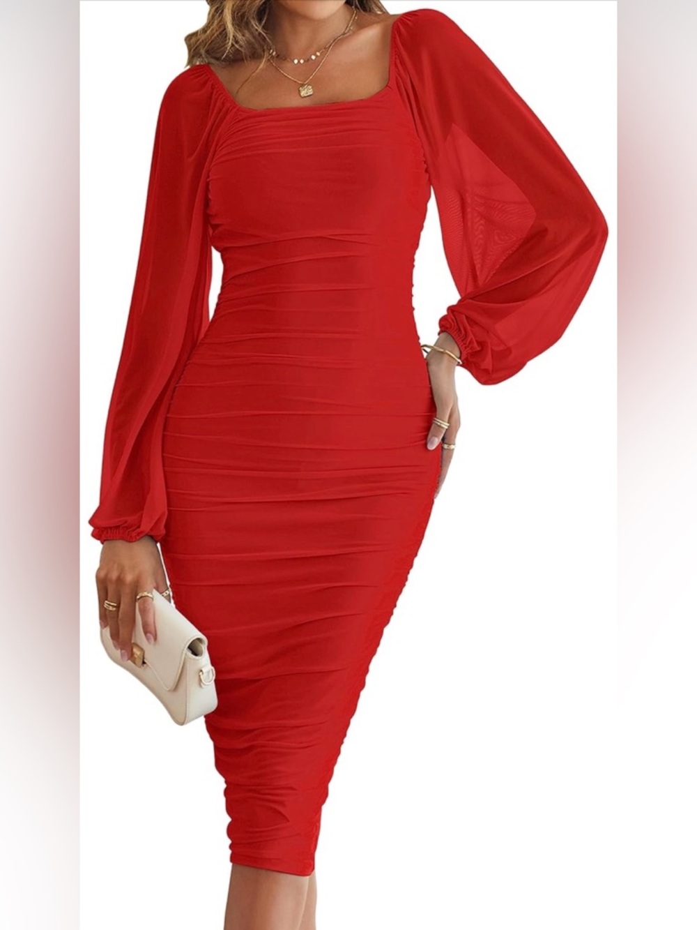 MEROKEETY Womens Formal Dress Fall Winter Ruched BodyconMeshMidi Dresses  Size M